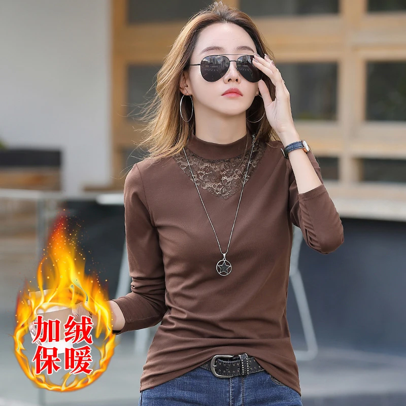 加绒打底衫加厚女长袖半高领简约大码百搭秋冬洋气内搭保暖上衣服