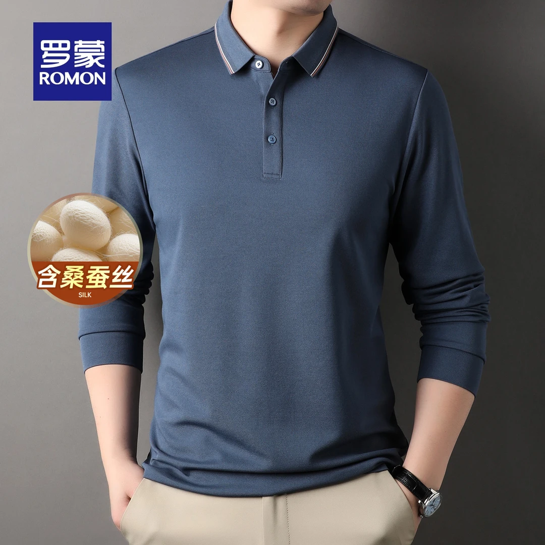 【含桑蚕丝】罗蒙男士商务百搭翻领POLO衫2025秋季新款长袖T恤衫