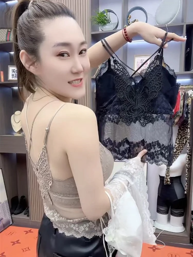 性感蝴蝶吊带内搭女装宽松型背心拼接法式显瘦中国风蕾丝美背聚拢