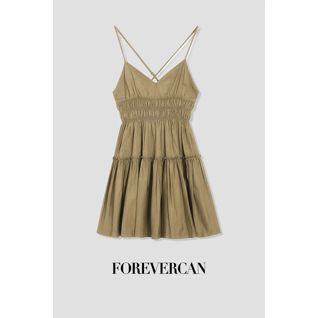 FOREVERCAN“马赛假日”木耳边叠层收腰吊带连衣裙 SD11726