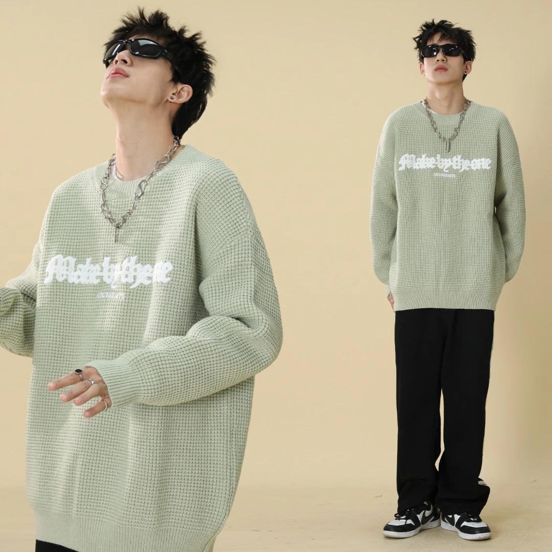 COURSEMYS聪明陈 字母植绒印花圆领套头毛衣线衫男宽松慵懒针织衫