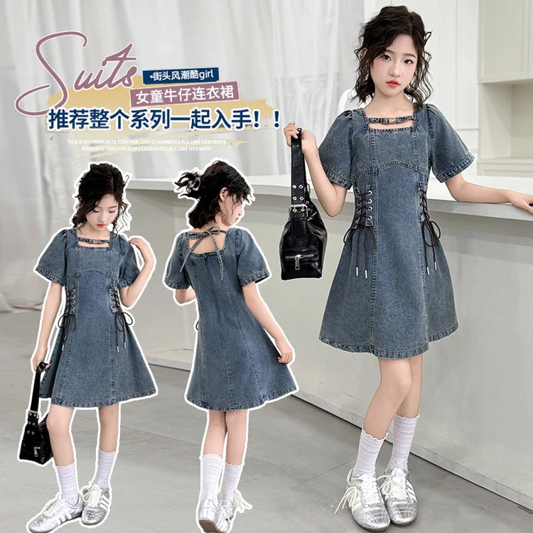 【高定甜美亲子装】女童法式短袖连衣牛仔裙女夏季收腰显瘦潮酷高级