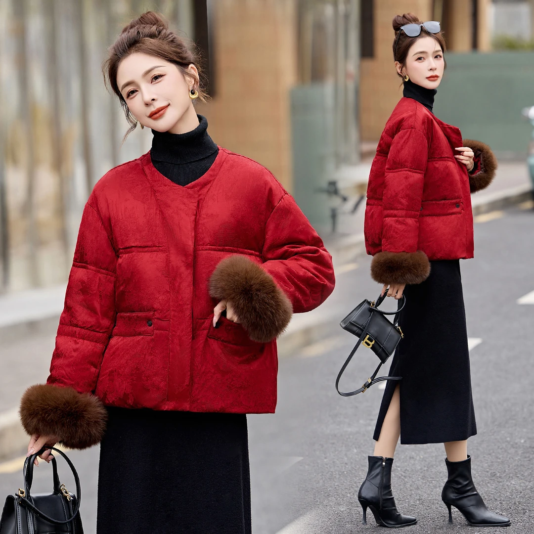 新中式国风狐狸毛提花羽绒服女2025冬季新款优雅大气白鸭绒短外套