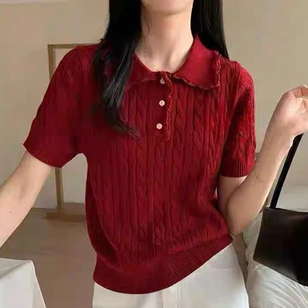 早秋蕾丝边polo领天丝羊毛高弹力针织上衣