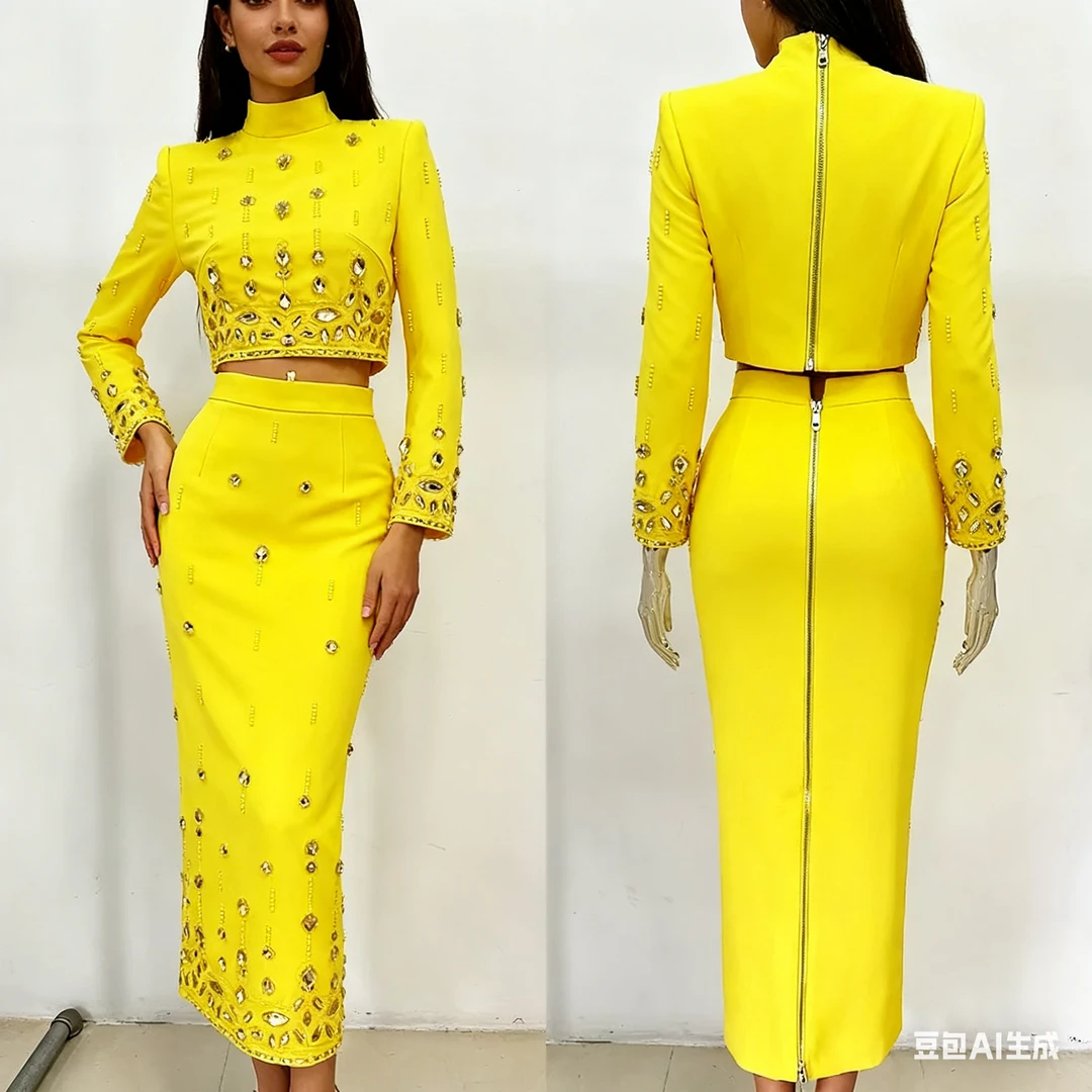 现货2025欧美明星时尚新款重工钉珠镶钻短款上衣 长裙套装 两件