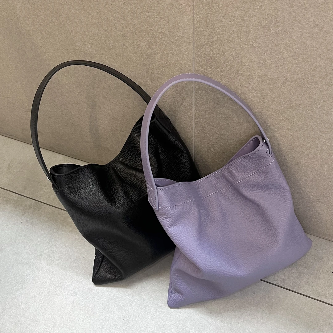 极简慵懒风头层牛皮纸片通勤小托特包单肩斜挎包包