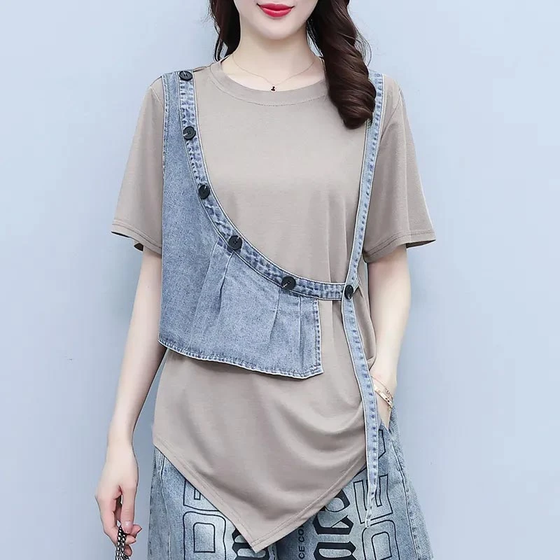 不规则上衣时髦时尚简约百搭通勤时尚套装女牛仔短裤短袖2025年夏