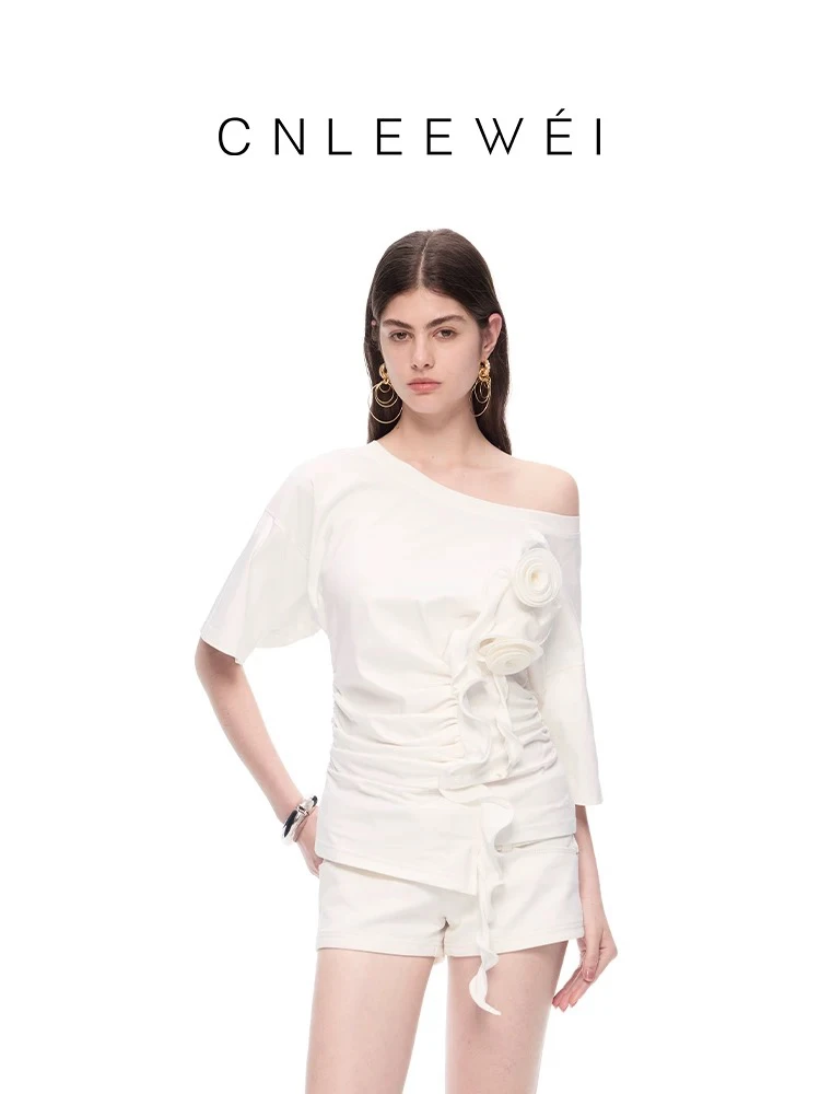 CNLEEWEI 不规则荷叶边玫瑰花斜肩t恤