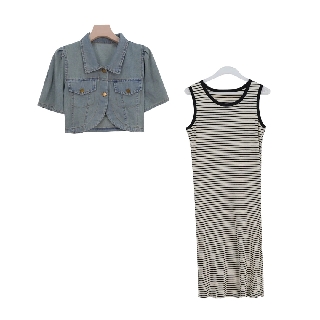 夏季气质短袖牛仔外套背心连衣裙两件套S1257
