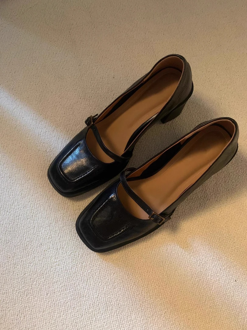 真皮法式方头玛丽珍鞋女高跟棕色2025春季简约通勤一字带粗跟单鞋