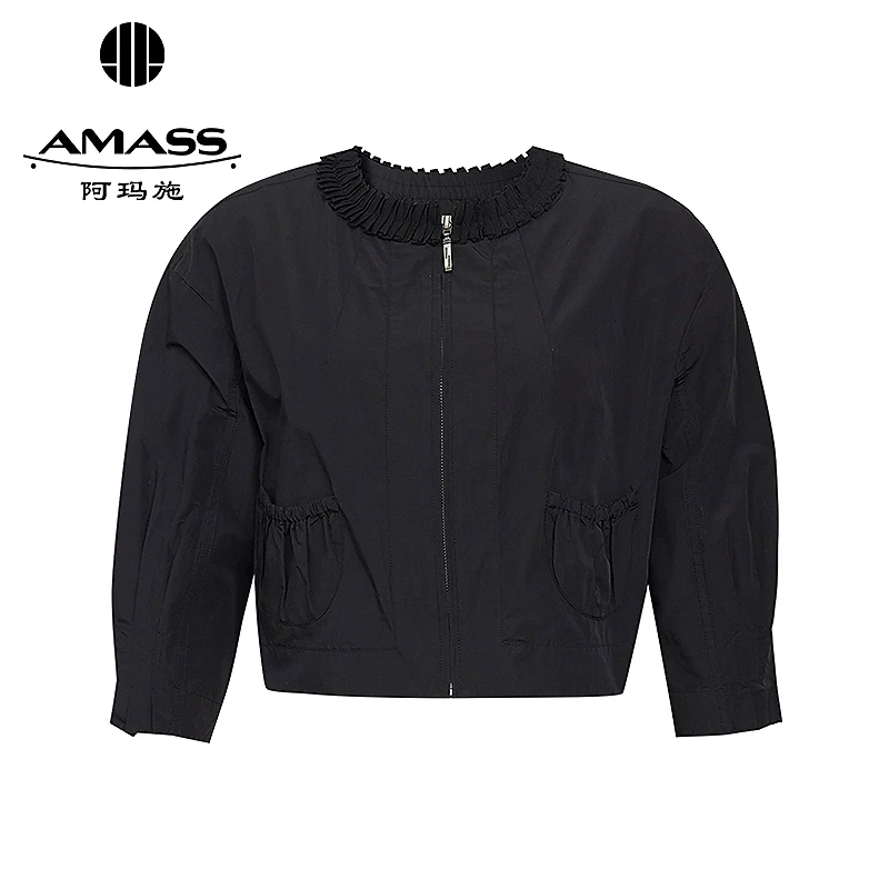 AMASS/阿玛施冬季女装经典百搭七分袖抽褶精致圆领短外套540020