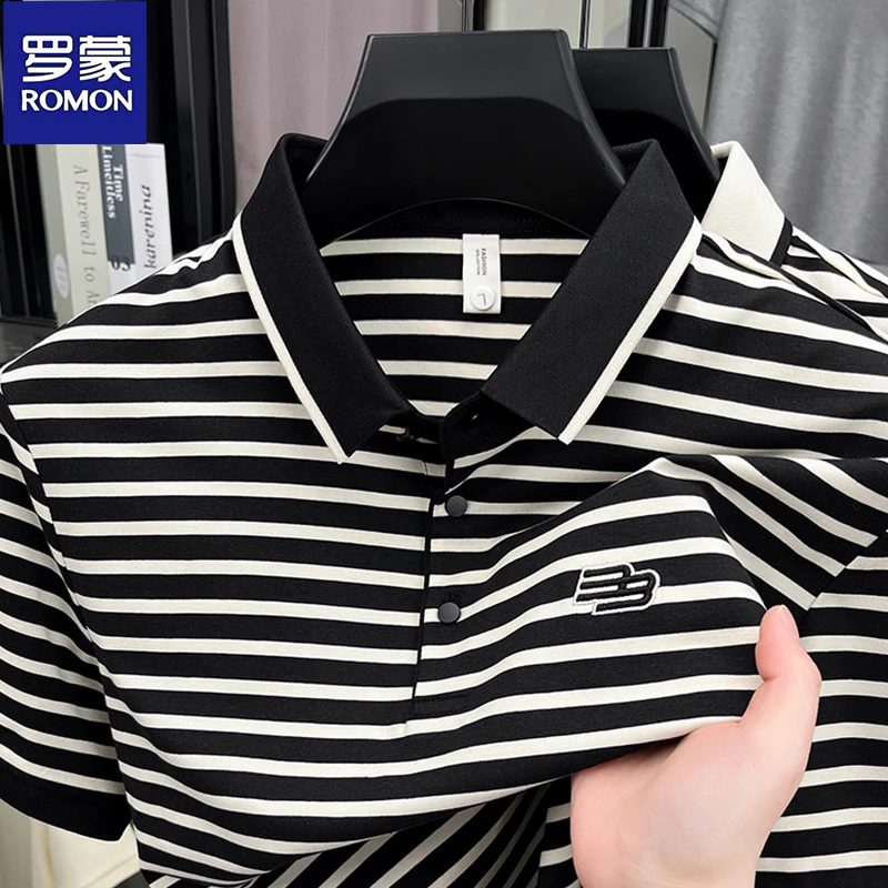 罗蒙高端刺绣条纹短袖T恤男士夏季含棉休闲商务簿款透气POLO衫潮
