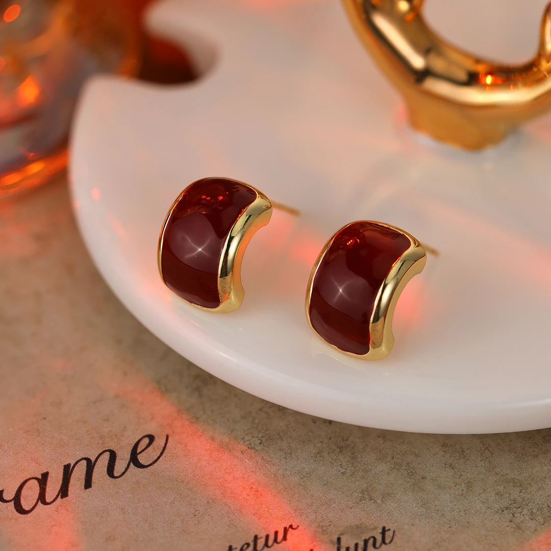 铜合金耳饰 法式复古酒红色高档气质时尚百搭耳环H298