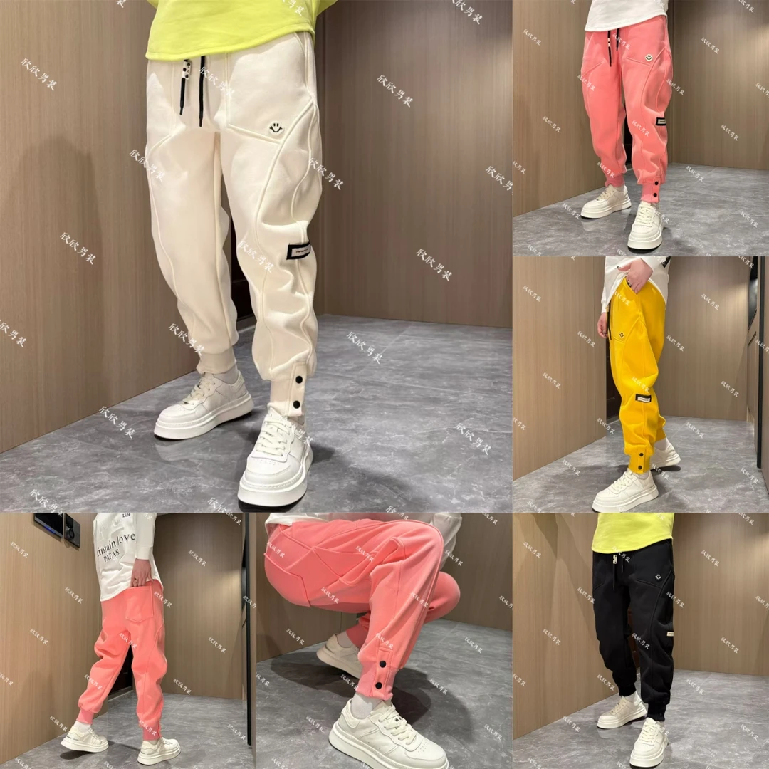 潮牌加绒拼接弯刀贴布绣钮扣百搭宽松个性时尚男士卫裤