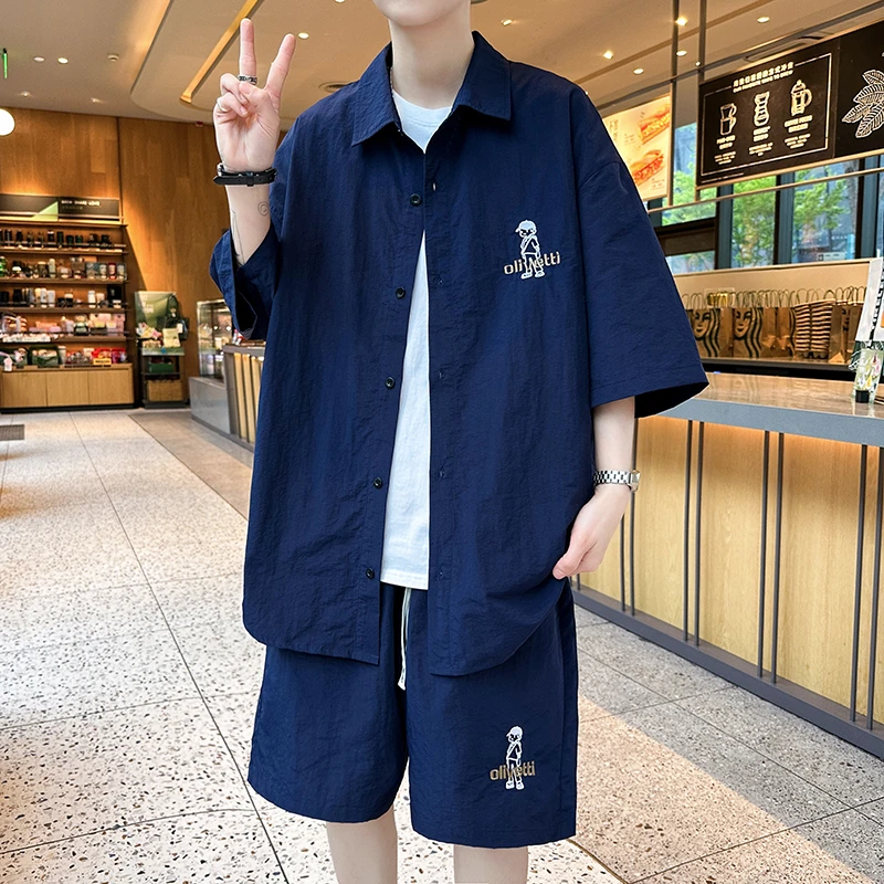 夏季薄款男生短袖衬衫套装青少年新款百搭宽松潮流休闲运动两件套