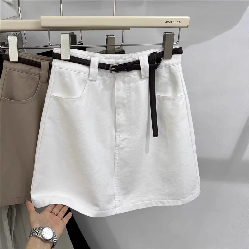 韩系白色牛仔半身裙女夏季薄款大码胖mm高腰显瘦时尚百搭A字短裙
