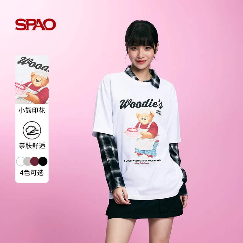 SPAO2025夏季新款woodie小熊圆领T恤SPRPF49C80