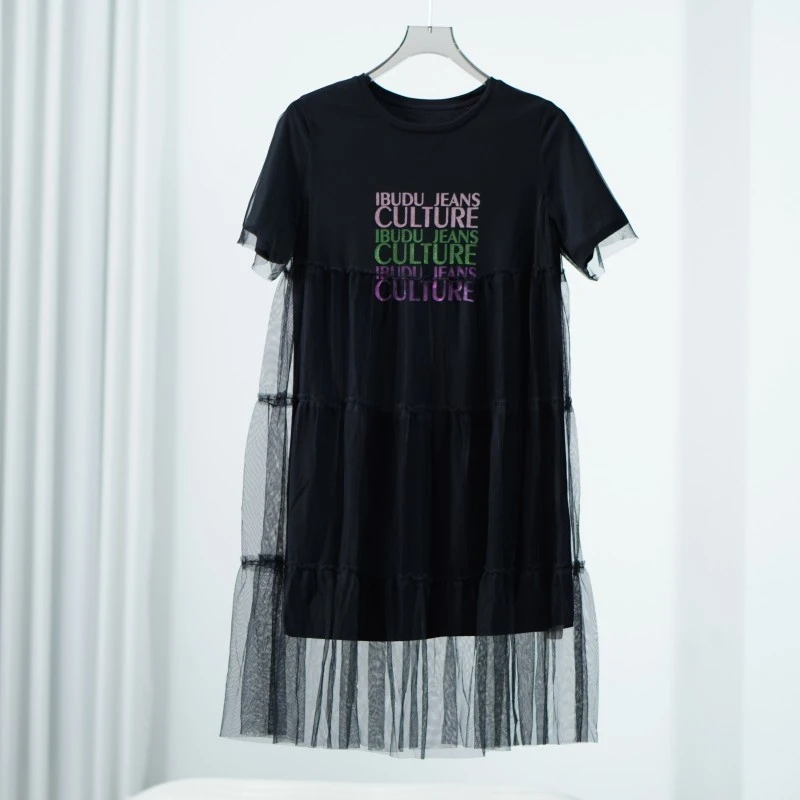 【三C・伊】Y210  女装夏季拼接网纱T恤裙黑色Y22210402L60