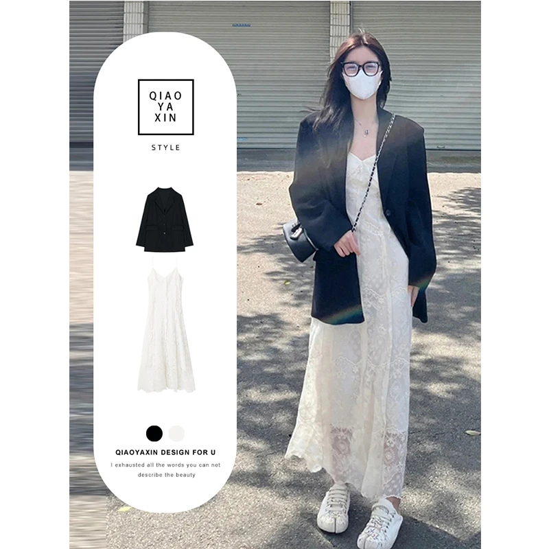 2025秋冬新款修身裙子蕾丝小v领连衣裙搭西装外套高知感休闲装