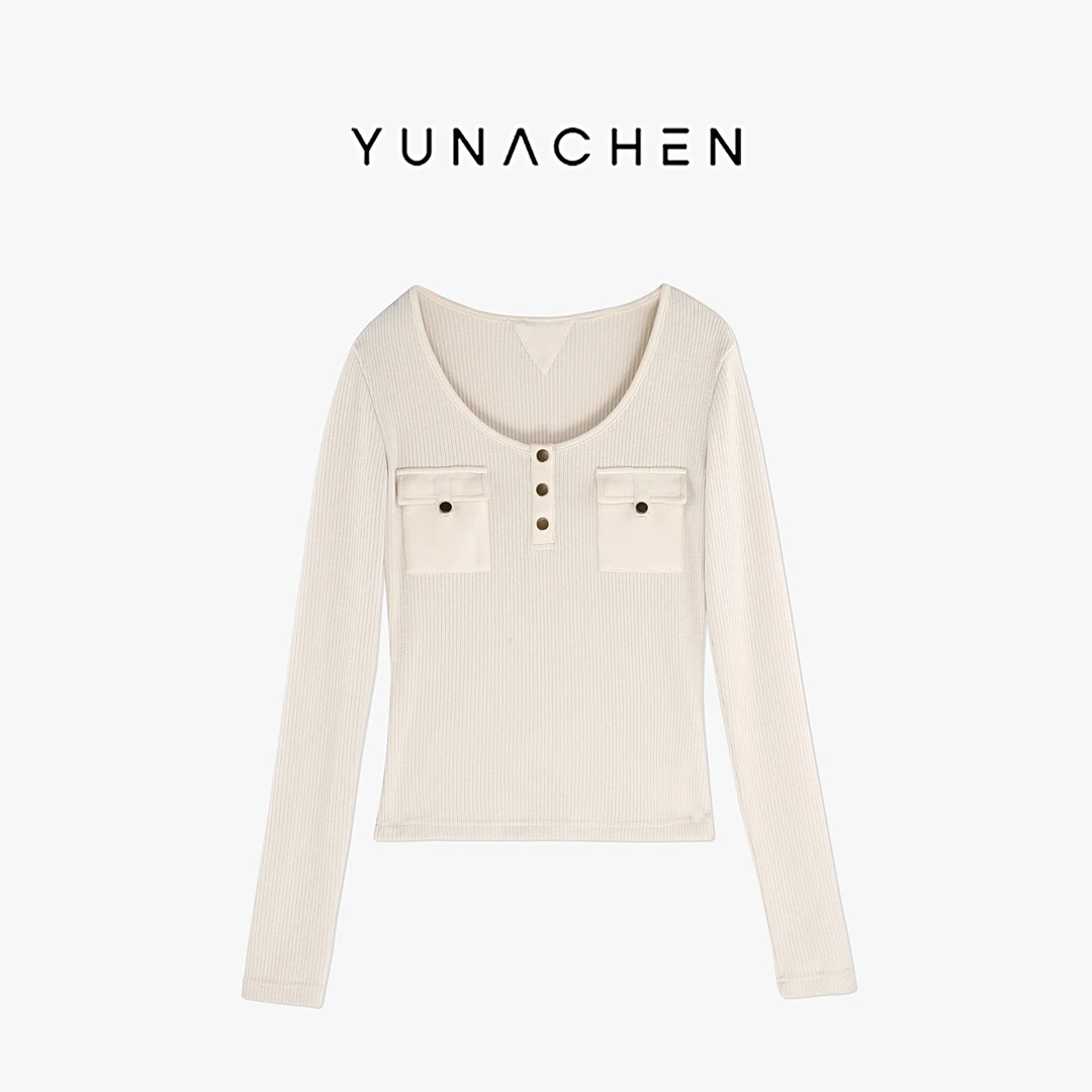 菠萝宝宝yuna【智音】大U领显瘦遮肉口袋针织长袖T恤上衣YH28