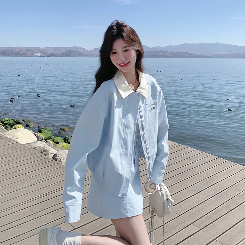 miu系蓝色休闲套装裙女2025春季新款超好看翻领外套半身裙两件套