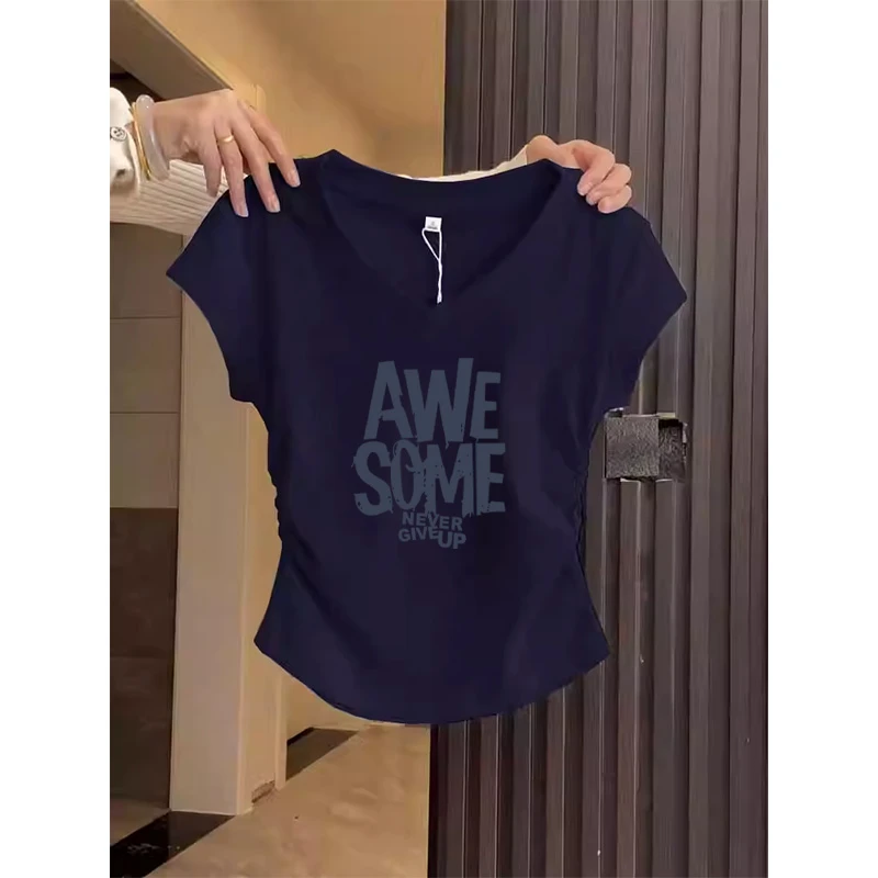 设计感小众V领短袖正肩女t恤2025新款褶皱收腰修身藏青色上衣夏季