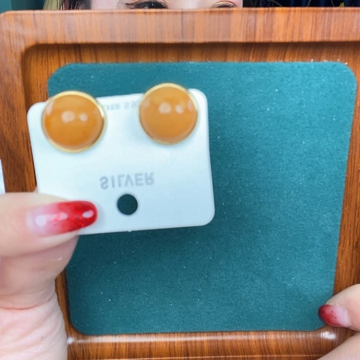 蜜蜡耳饰银S925镶嵌耳钉