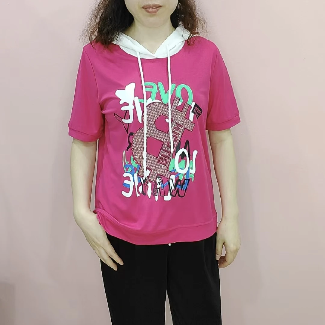 【名角服饰】【2587B字母连帽短袖】时尚休闲夏季印花宽松减龄款