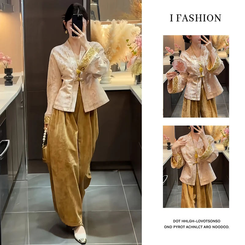 新中式国风宽松时尚套装女2026年春秋季新款上衣高腰休闲裤两件套