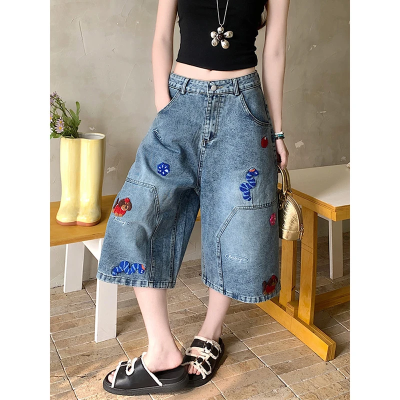 大码美式重工水洗七分牛仔裤女2025潮牌百搭复古贴布休闲牛仔中裤