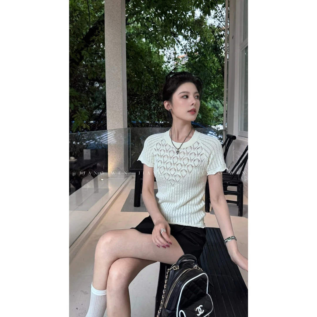 【织梦】法式夏季别致冰丝钩花镂空针织短袖t恤