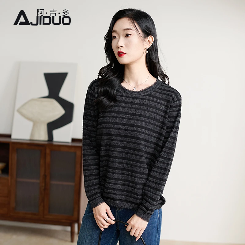 阿吉多长袖条纹针织衫女秋季2025新款毛边设计感高级时尚大码上衣