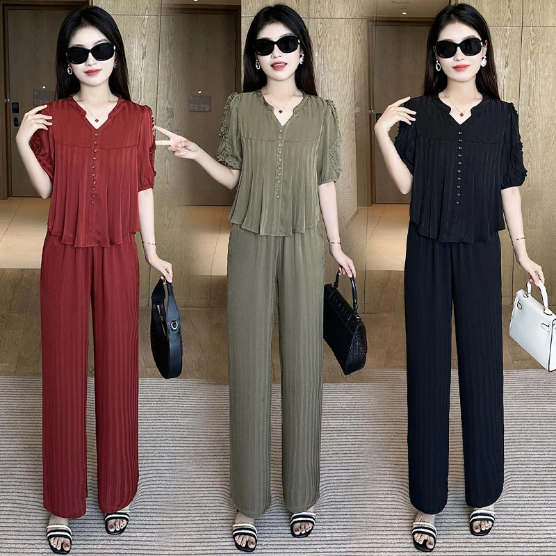 时尚冰丝半袖衬衫女士套装2025年夏季新款气质显瘦阔腿裤两件套潮