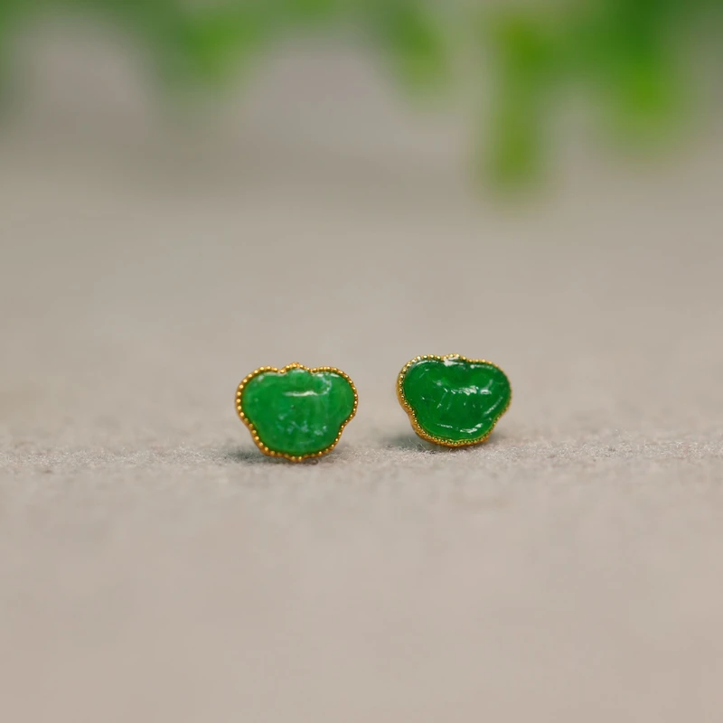 #J602 18K金镶嵌满色辣绿缅甸天然A货翡翠如意头耳钉耳饰