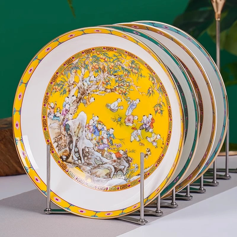 景德镇陶瓷珐琅彩童子图盘子菜盘家用餐具高级感轻奢碟子餐盘深盘