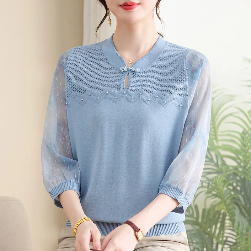 妈妈装春夏新款针织七分袖洋气小衫中年女装纱袖薄款时尚气质上衣