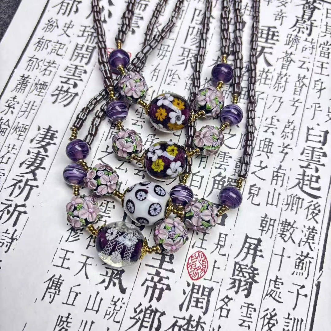 合金项链 LZ7037 香芋紫色花珠西瓜珠琉璃项链 孤品合集