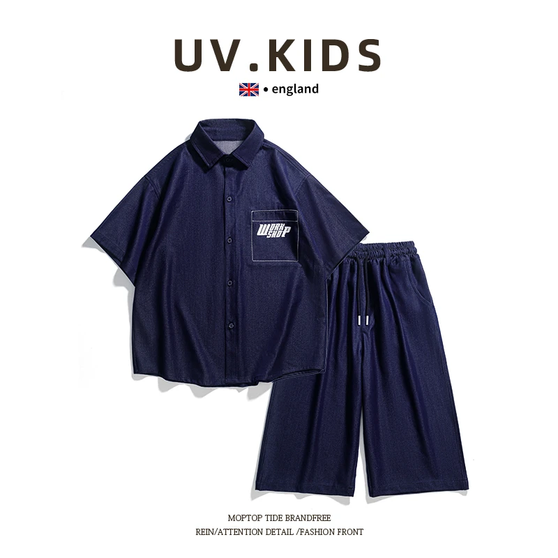 男童夏款牛仔套装2025新款时髦儿童中大童夏季短袖帅气男孩夏装潮