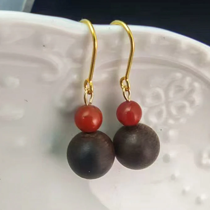 南红搭配棋楠沉香1.0圆珠木带宝耳钩耳环时尚穿搭