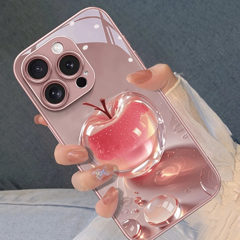 水晶苹果适用于苹果16手机壳玻璃网红同款数码配件轻奢小众高级感