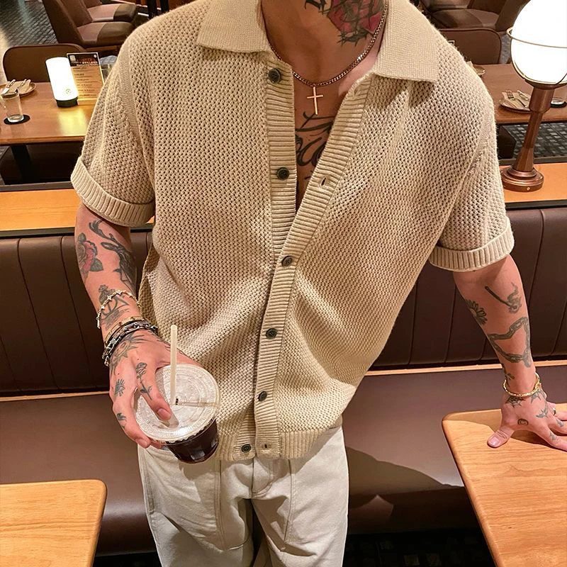 美式复古针织短袖衬衫polo领上衣高级感手工编织老钱风Holdoumen