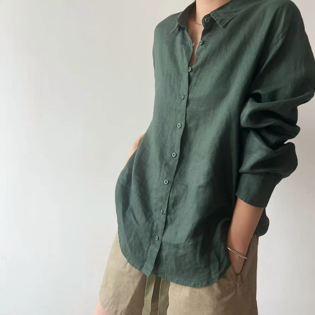 【秀秀新品 】 亚麻小标森林绿简约气质衬衣（建议手洗）