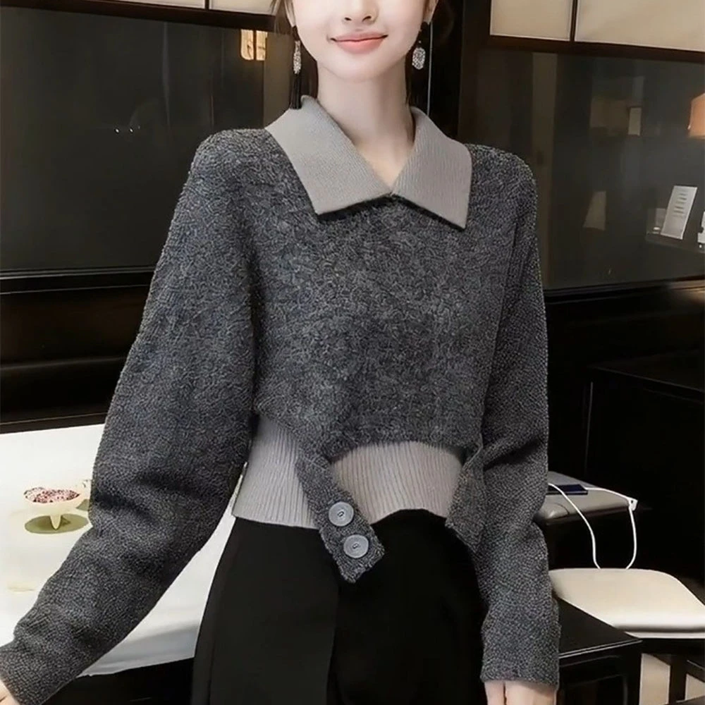 秋冬慵懒风灰色翻领毛衣女软糯减龄宽松显瘦洋气假两件针织衫上衣