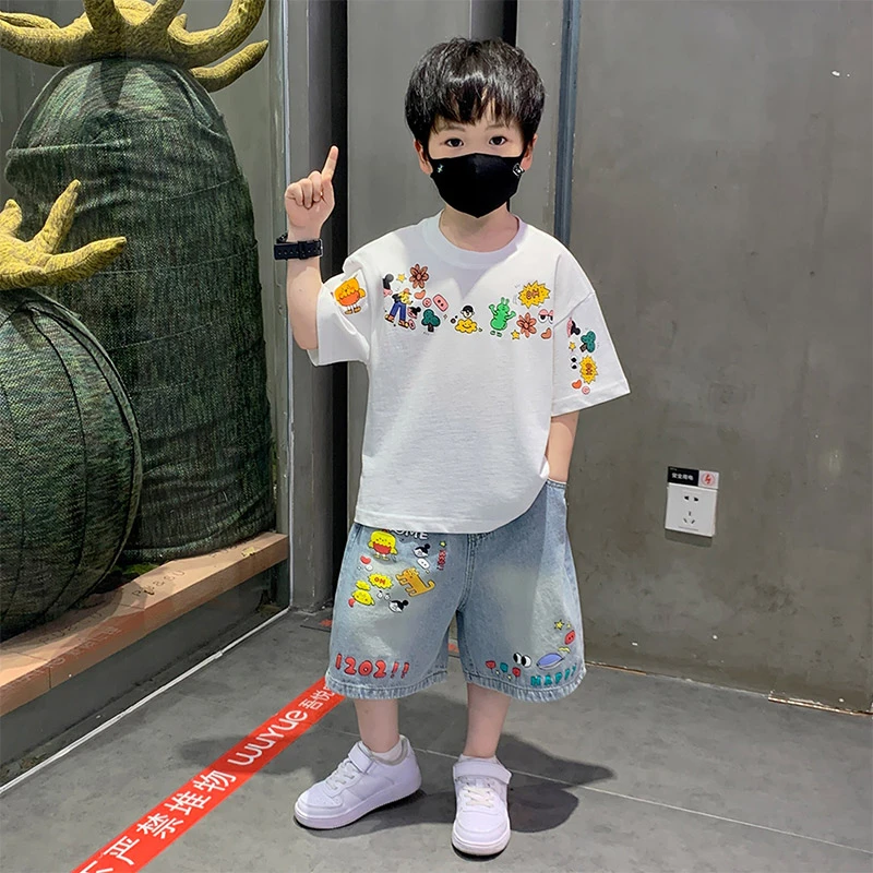 男童短袖t恤牛仔裤套装夏季新款2025儿童夏装卡通印花上衣两件套