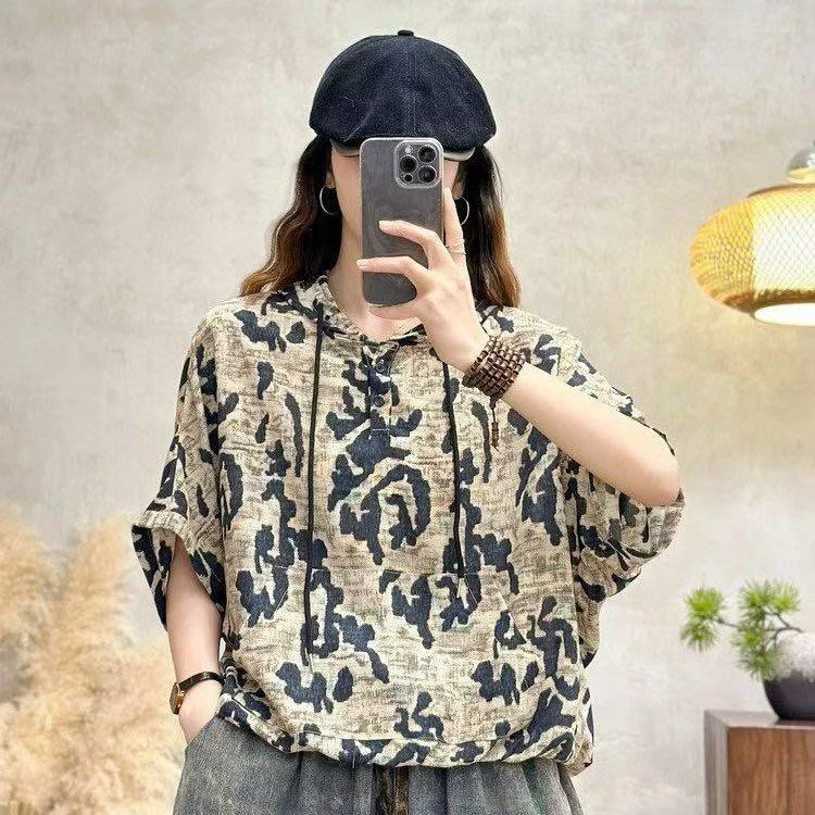 夏季新款妈妈装休闲百搭气质连帽遮肉显瘦减龄小衫