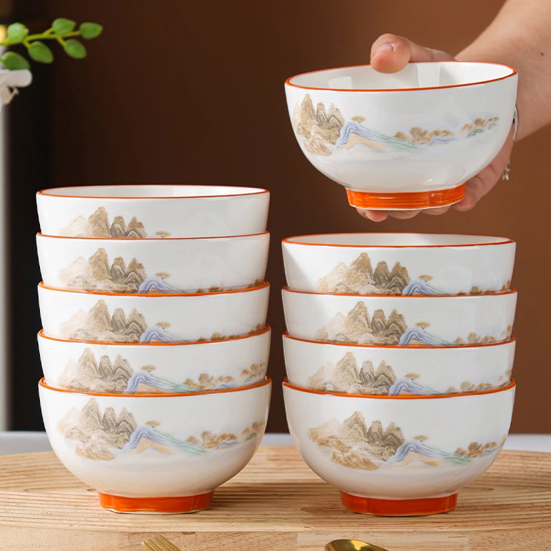 句途锦绣山河10个4.5英寸碗米饭碗加厚防烫耐高温家用陶瓷餐具