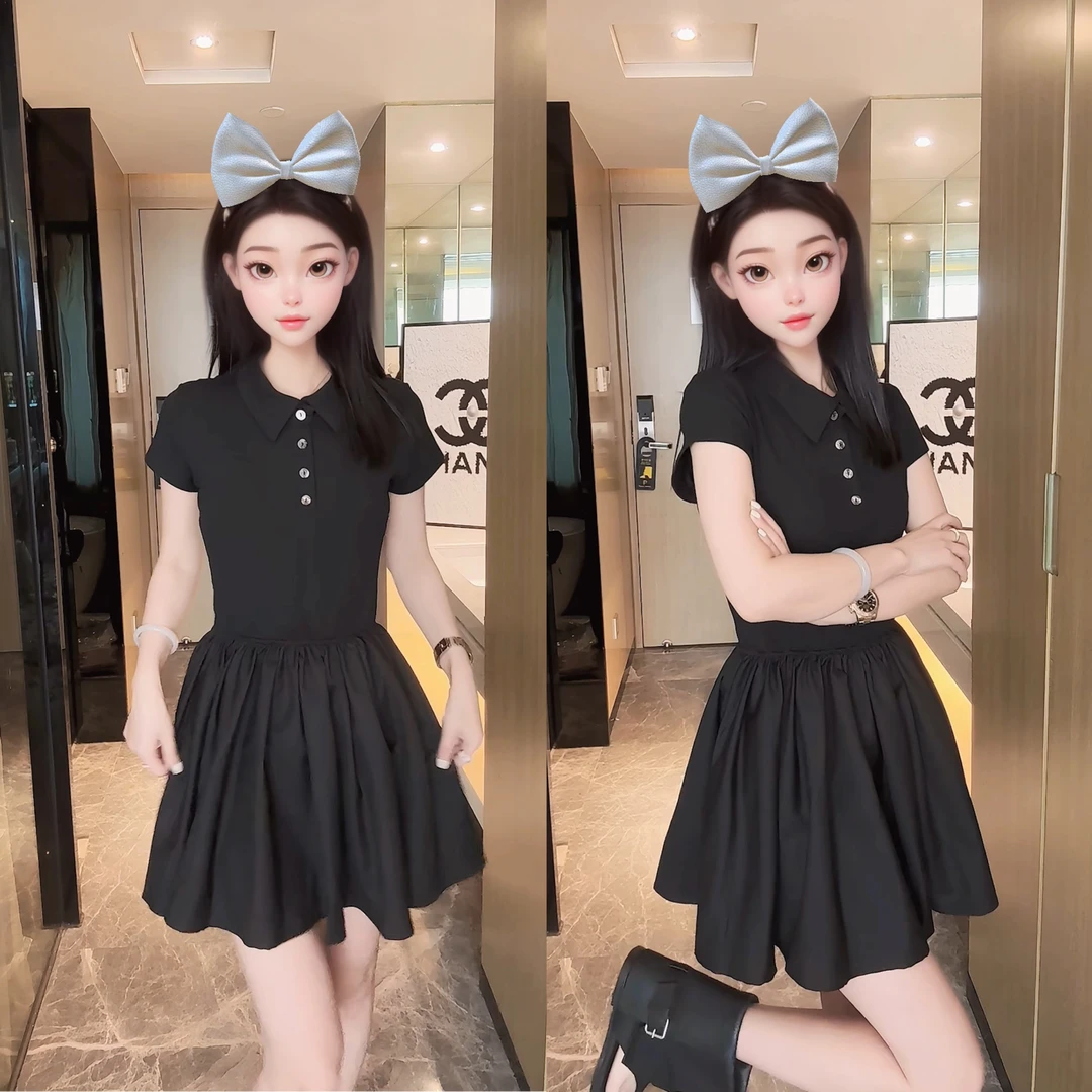 8306百搭款黑色连衣裙 小个子高腰时尚休闲夏季韩版学院风小黑裙