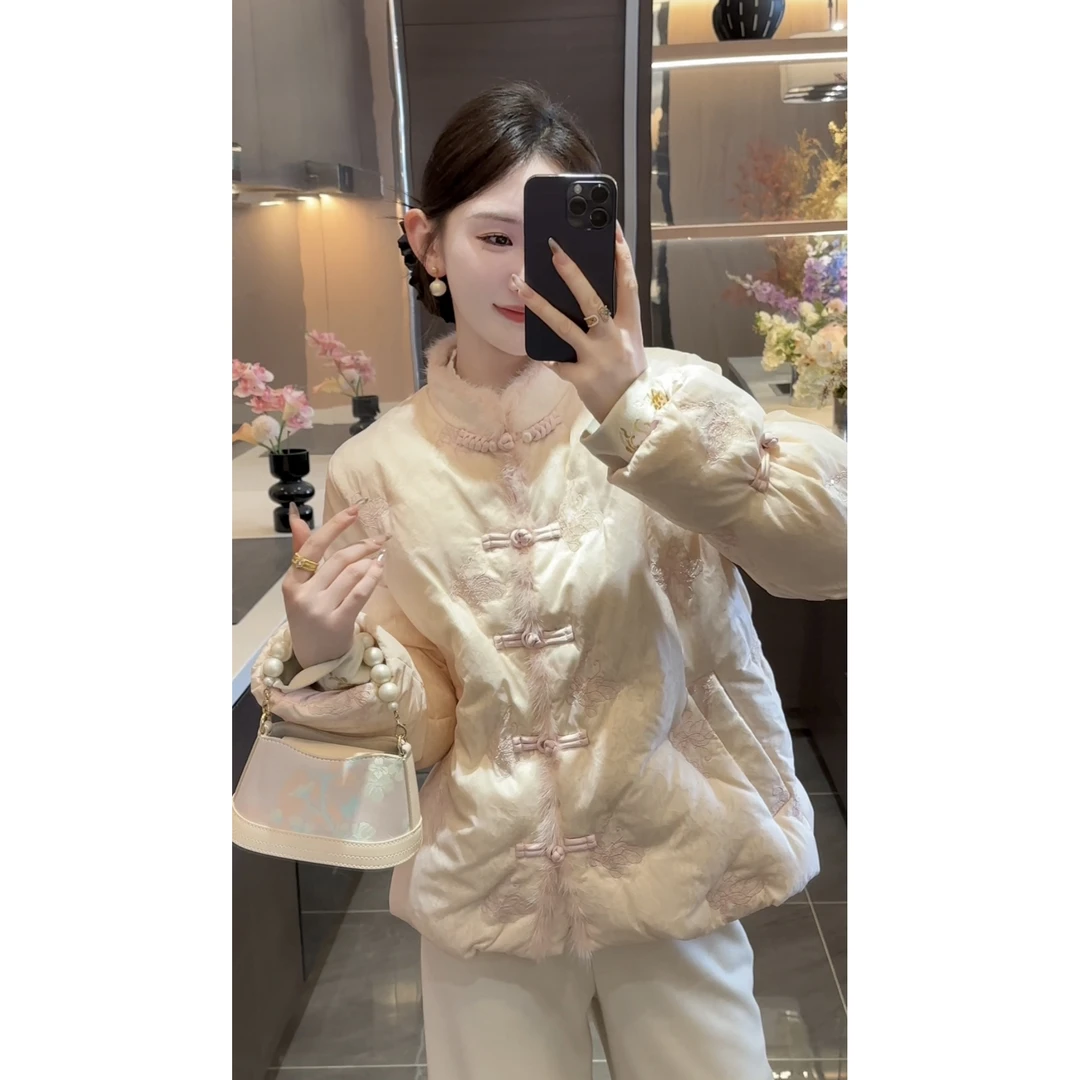 【周粥】【粉蝶】2025冬季新款水貂毛刺绣加绒保暖羽绒服JJQ5YRF6641