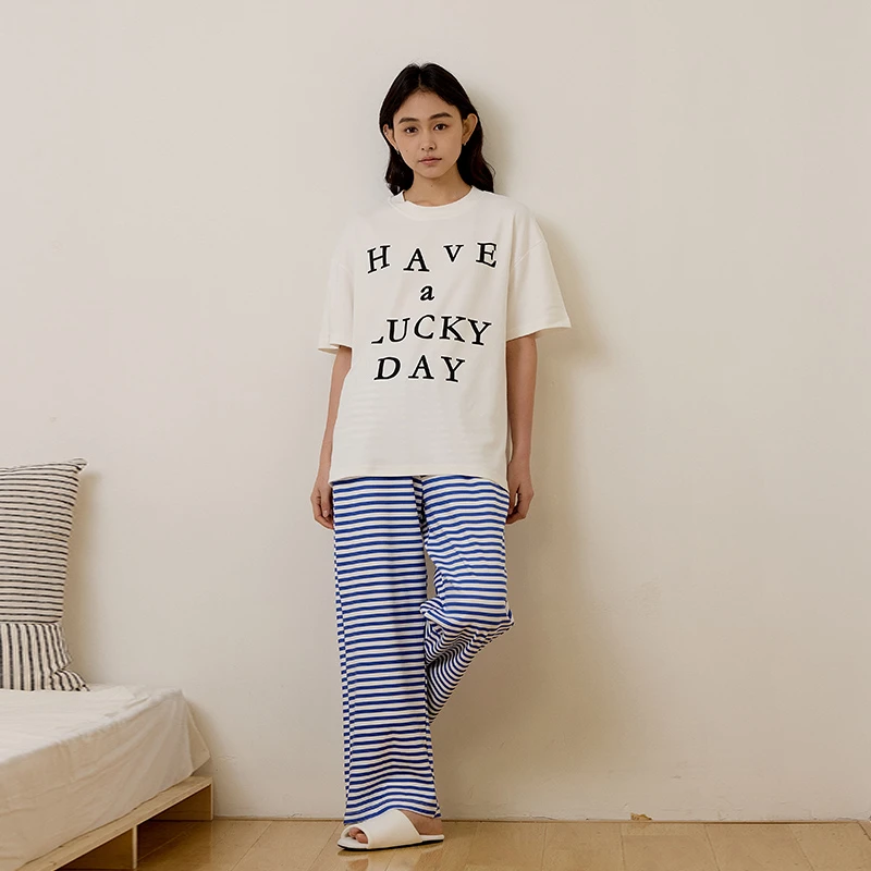 【凉感】美家臣女士睡衣夏季新疆棉印花短袖家居服宽松条纹长裤套装