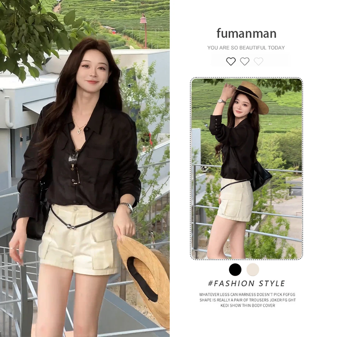 夏季韩系套装女2025新款法式V领长袖衬衫搭配高腰显瘦短裤两件套